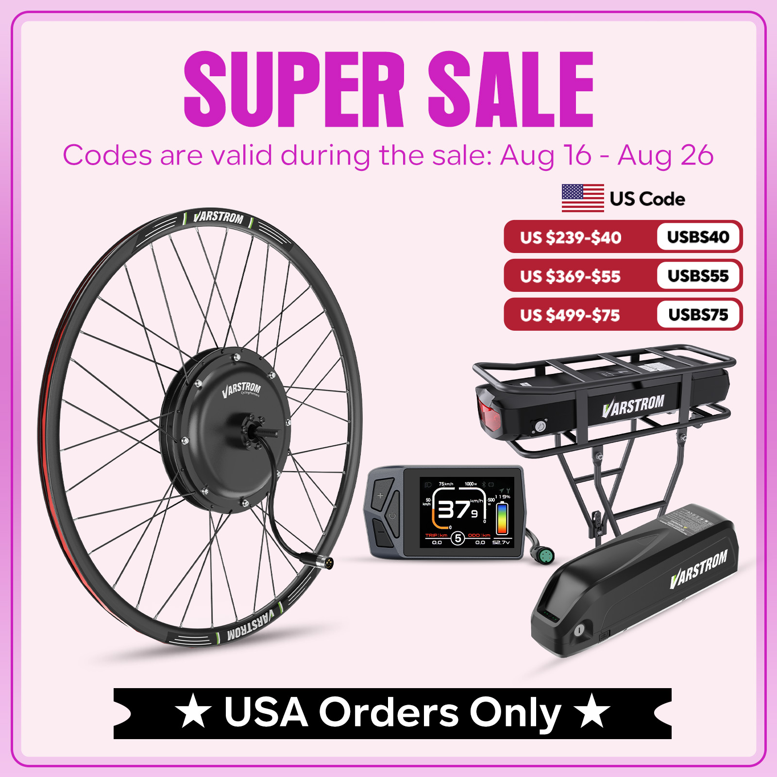 [US Stock] Varstrom 1000W 1500 - 48V 1500W Rear Hub Motor With Battery 评论和价格